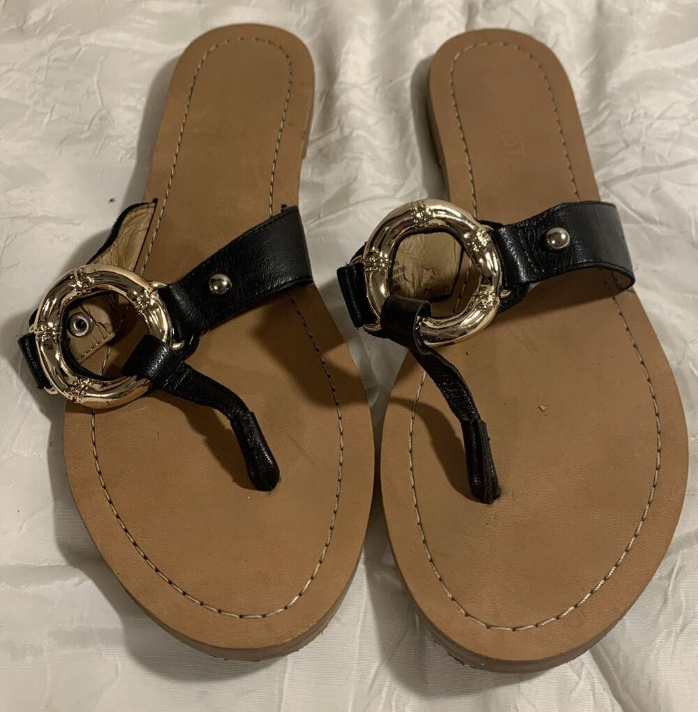 Nine West Sibeal Flip Flop Sandals Womens 8 Black Leather Slip On Travel Flats